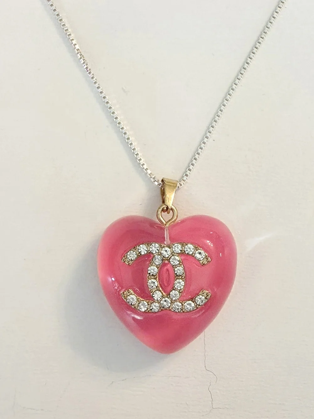 Upcycled Chanel Pink Heart Zipper Pull Necklace | Sterling Silver Box Chain